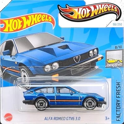 HOT WHEELS ALFA ROMEO GTV6 3.0 METALIC BLUE 98/250 (1:64) HW FACTORY FRESH 8/10 SHORT CARD