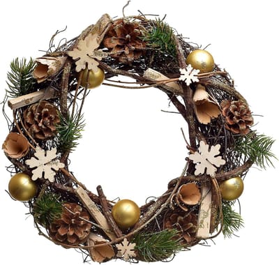 Deurkrans - kerstkrans - Tafelkrans kerstdecoratie - goud, groen - dennentakken - ‎32 x 32 x 9,5 cm