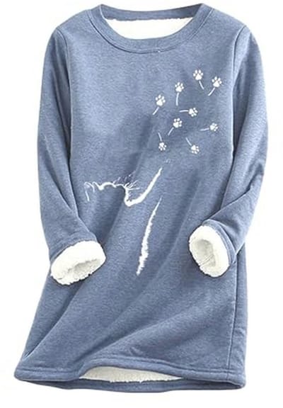 Dames Fleece Wintertrui met Kattenpatroon - Casual Ronde Hals Sweatshirt