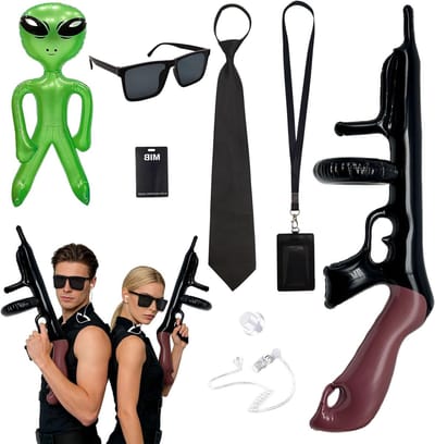 Complete Set van 7 Stukjes voor Spionage Kostuum met Opblaasbare Alien, Zonnebril en ID Kaarthouder voor Rollenspel en Verkleedpartijen