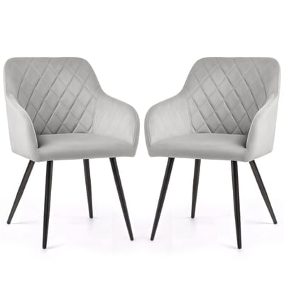 Set van 2 Eetkamerstoelen VELTO met Armleuningen / Gestoffeerde Stoelen / Fluwelen Stoelen en Metalen Poten / Grijs met zwarte benen