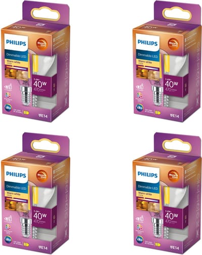 Philips Voordeelverpakking - E14 - LED Kogellamp - Helder - 40W - Dimbaar - Warmwit Licht - Set van 4 Stuks