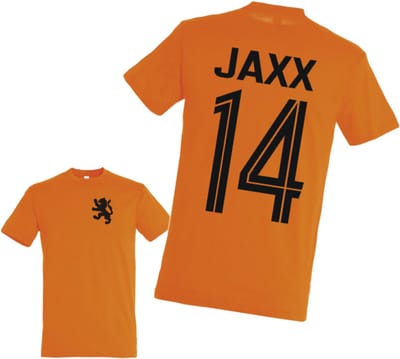 T-Shirt Oranje - Kinderen - Rugnummer en Naam - Nederlands elftal - Leuk voor het WK - Maat 8 jaar - Vergeet niet te mailen voor de naam en rugnummer.