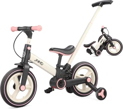 Peuterfiets met Duwhandvat voor Kinderen 1-3 Jaar - 6-in-1 Loopfiets met Zijwielen en Pedalen, Balansfiets voor Jongens en Meisjes met Rem en Stand
