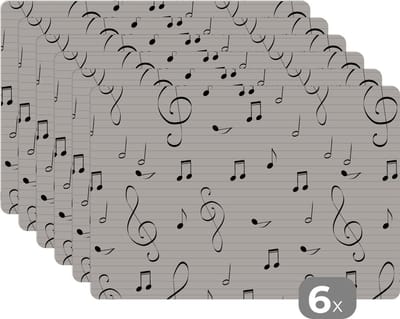 Placemat - Placemats kunststof - Bladmuziek - Patronen - Muziek - 45x30 cm - 6 stuks - Hittebestendig - Anti-Slip - Onderlegger - Afneembaar