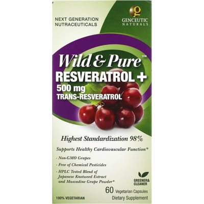 Genceutic Naturals, Wild & Pure Resveratrol+, 500 mg, 60 Gélules Végétales