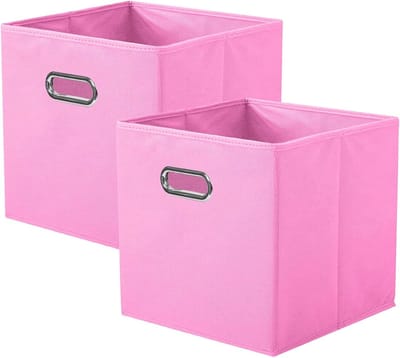 Famanu – Set van 2 opvouwbare stoffen opbergkubussen met metalen handvat - praktische organizer voor kast en speelgoedopslag - roze