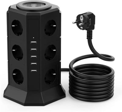 Intelectro Stekkerdoos - Overspanningsbeveiliging - 12 Stekkers en 5 USB-poorten - Verticale Stekkerdoos - Levering sneller dan aangegeven!