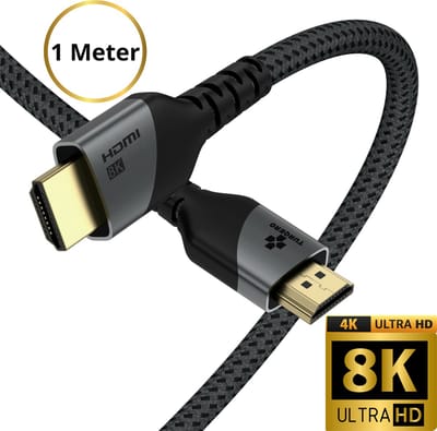 TURQERO© 8K HDMI Kabel 2.1 - 4K Ultra HD - Hoge snelheid - 4K (120Hz) - 8K (60Hz) - HDMI naar HDMI - 1 METER - Nylon - Zwart