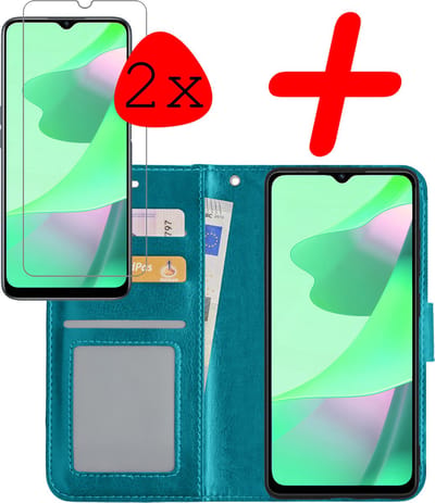 Hoesje Met 2x Screenprotector - Geschikt voor OPPO A16 - Luxe Pasjeshouder - Bookcase Portemonee - Flip Case - Kunstleer Book Case - Flipcase Hoes - Book Cover - Walletcase - Portemonneehoes - Turquoise