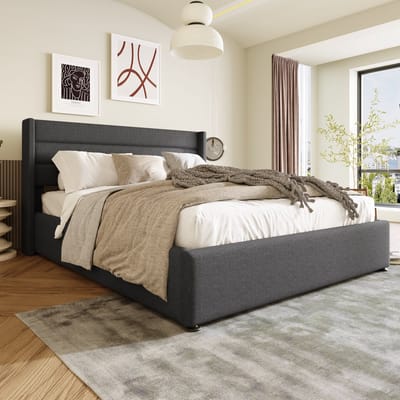 OKWISH Tweepersoonsbedden 140x200 cm - Bedbodems Met Opbergruimte - Gestoffeerd Bed Met Ladefunctie - Lattenbodem Van Metaal - Linnen - Grijs