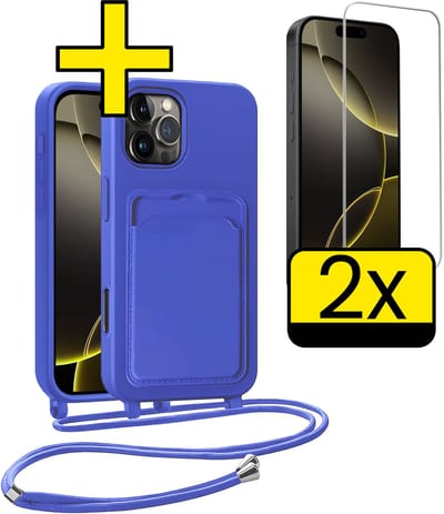 Hoesje Geschikt voor iPhone 16 Pro Telefoonhoesje Met Koord Case Pashouder Met 2x Screenprotector Siliconen - Hoes Geschikt voor iPhone 16 Pro Hoesje Met Kaarthouder - Felblauw