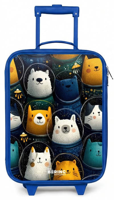NoBoringSuitcases.com® - Kinderkoffer blauw - Kindertrolley jongen - Dieren - Sterren - Planeten - Astronaut - Koffer kind lichtgewicht - Reiskoffer trolley voor kinderen - Koffertje met lichtgevende wieltjes - Rolkoffer