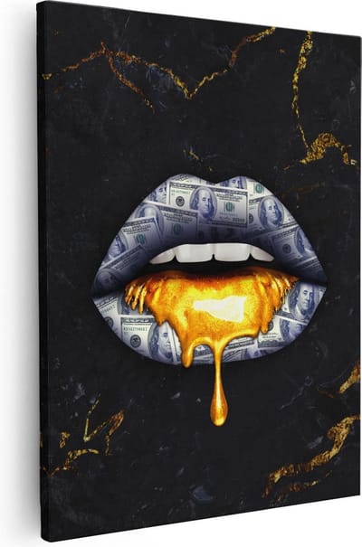 Artaza Canvas Schilderij Lippen Dollar - 80x100 cm - Groot - Wanddecoratie Pop Art - Muurdecoratie Geld - Decoratie Goud