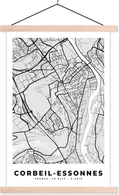 Posterhanger incl. Poster 40x60 cm - Schoolplaat - Corbeil-Essonnes - Plattegrond - Frankrijk - Kaart - Stadskaart - Textielposter - Blanke latten - Stadskaart