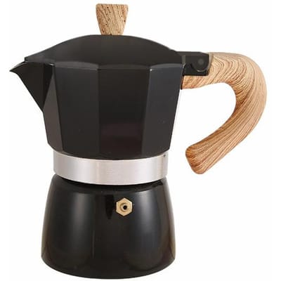 Aluminium Koffiepot met Houtnerf Handvat Moka Koffiepot Outdoor Draagbaar Koffiezetapparaat Tool Mat 150ml mat zwarte kleur