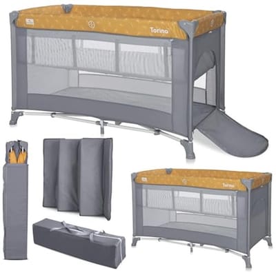 2 in 1 babybed en box Torino - Opvouwbaar reisbed met zijingang en pasgeborenen inzetstuk - Geschikt voor kinderen tot 15 kg, geel
