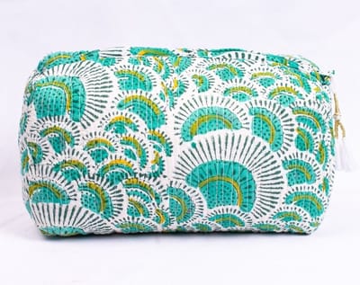 Bambooya toilettas - Bohemian - Ibiza Style - Made in India - Tassel - Wit/groen - Large ( 29 x 20 x 10 cm)