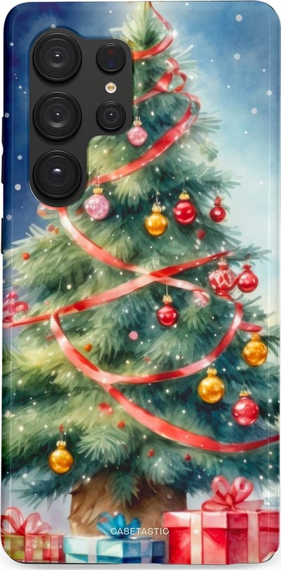 Casetastic hoesje geschikt voor Samsung Galaxy S25 Ultra - Dubbellaagse bescherming - Aquarel Kerstboom Cadeau - Fashion Case - Grijs Donkerblauw Saliegroen Beige
