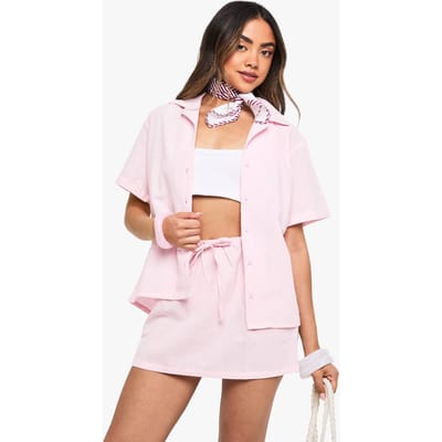 boohoo Dames Linnen kort mouwshirt & mini rok co-ord | Pink | Maat: 6