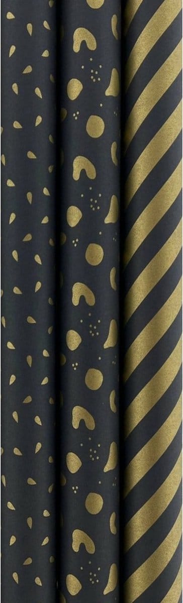 Eco Kraft Extra Sterk Geschenkpapier Cadeaupapier – Zwart en Goud – 70 cm x 2 meter - 3 Rollen