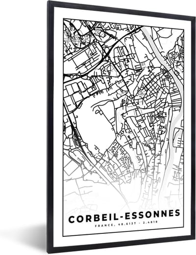 Fotolijst incl. Poster Zwart Wit- Kaart - Corbeil-Essonnes - Stadskaart - Frankrijk - Plattegrond - Zwart wit - 40x60 cm - Posterlijst