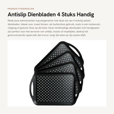 Dailygoods- Dienblad Antislip - Rechthoekig Dienblad - Kunststof Dienblad - 4 Stuks - 40x29x4 cm - Handgrepen - Servies