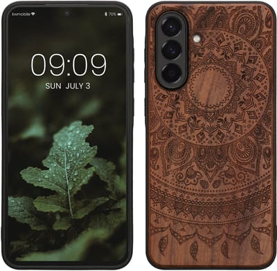 kwmobile telefoonhoesje geschikt voorSamsung Galaxy A56 5G - Hoesje met bumper - hout - In donkerbruin Indian Sun design