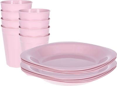 Plasticforte Verjaardag/kinder/camping borden/beker set - 16x stuks - lichtroze - kunststof - onbreekbaar