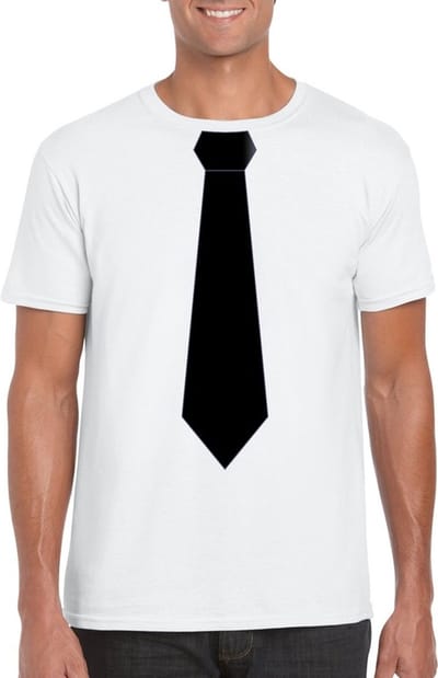Verkleedkleding black and white - t-shirt - wit met zwarte stropdas - voor heren - korte mouwen - carnaval S