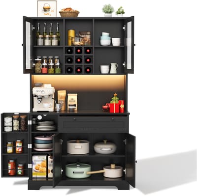 Hoge Opbergkast 180 cm - Keukenkast met LED-verlichting en Stopcontact - Vitrinekast met Glazen Deuren en Wijnrek - Voor Keuken en Woonkamer - 105x40x180 cm