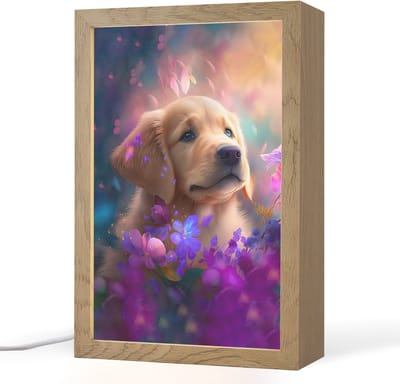 Nachtlampje 20x30 cm - Kinder lampje - Hond - Puppy - Zon - Bloemen - Golden retriever - Tafellamp kinderkamer - Slaapkamer lamp - Bedlamp kinderen - Kinderlampje stopcontact - Wandlamp babykamer - Nachtlampjes