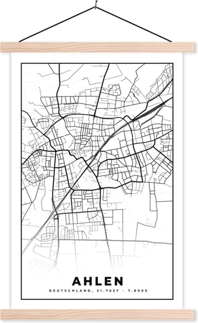Posterhanger incl. Poster 40x60 cm - Schoolplaat - Kaart - Ahlen - Plattegrond - Stadskaart - Textielposter - Blanke latten - Stadskaart