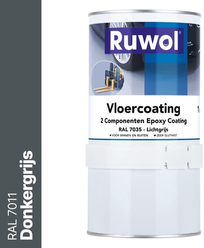 Ruwol 2K Epoxy Vloercoating Donkergrijs (RAL 7011) 1 kg - Vloerverf - 3 populaire kleuren - Garagevloer Coating - Slijtvast, naadloos en vloeistofdicht - Eenvoudig Schoon te maken - 2 componenten verf
