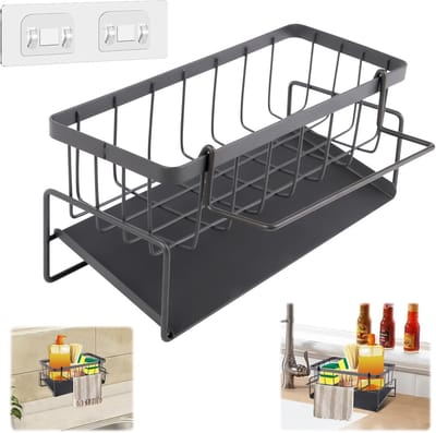 Famanu – Keukenorganizer - sponshouder voor gootsteen - organizer - zelflegende afvoerbak met een haak - organizer voor spoelbak voor sponsbak (grijs)