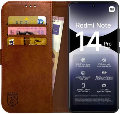 Rosso Element Geschikt voor Xiaomi Redmi Note 14 Pro 5G | Wallet Book Case | Portemonnee Hoesje | 3 Pasjes | Magneetsluiting | Stand Functie | Bruin