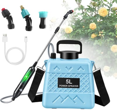 Elektrische spuitbus 5L - Oplaadbare tuinsproeier met uitschuifbare steel, 3 mondstukken en 1800mAh accu voor water geven, bemesten en schoonmaken-Spuitpistool + Meer Mondstukken.