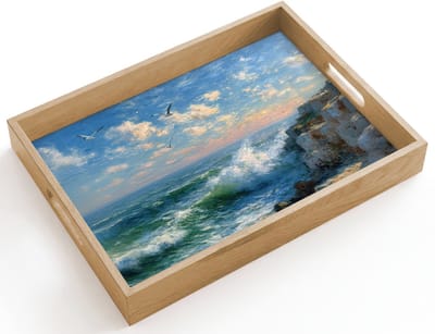 Dienblad hout 40x30 cm - Schootdienblad - Zee - Golven - Rotsen - Meeuwen - Borrelplank rechthoek - Plateau dienbladen
