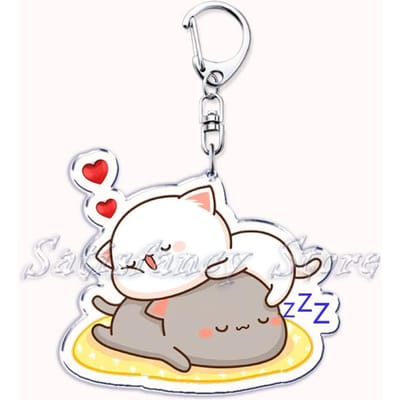 Schattig Perzik en Goma Knuffelend Koppel Kat Acryl Sleutelhangers Ring voor Accessoires Tas Hanger Sleutelhanger Sieraden Fans Liefhebbers Cadeaus white