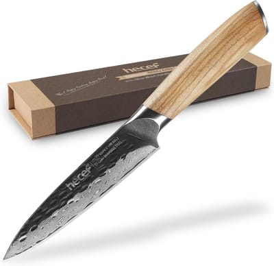 Professioneel Keukenmes 12.7 CM - Ultrascherp Damascusstaal met Ergonomisch Olijfhouten Handvat