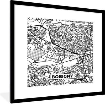 Fotolijst incl. Poster Zwart Wit- Stadskaart - Frankrijk - Bobigny - Kaart - Plattegrond - Zwart wit - 40x40 cm - Posterlijst