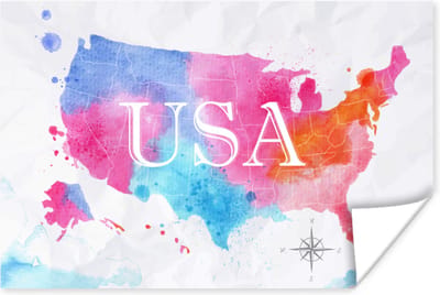 Poster 30x20 cm - Amerika - Wereldkaart - Waterverf - Posters - Kamer decoratie - Wanddecoratie woonkamer - Muurdecoratie slaapkamer