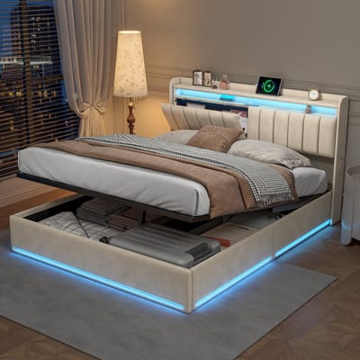 Gestoffeerd bed 140×200 cm in beige – fluwelen bekleding, LED-hoofdeinde, USB-oplaadpoort & plank – opbergruimte onder het bed, modern & praktisch