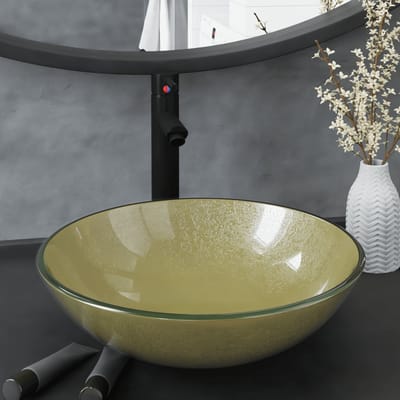 vidaXL - Wastafel - met - kraan - en - pop-up - afvoer - gehard - glas - goudkleurig