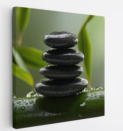 Saammp Canvas Schilderij - Stenen op Bamboe - Landschap - Natuur - 20x20 - Foto op canvas - Wanddecoratie - Muurdecoratie Woonkamer - Slaapkamer decoratie - Canvas Print