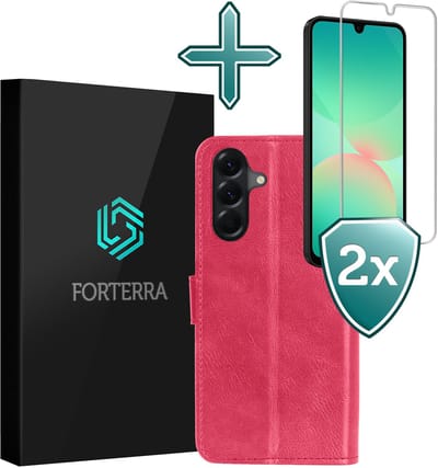 Hoesje Met 2x Screenprotector - Geschikt voor Samsung Galaxy A26 - Luxe Pasjeshouder - Flip Case - Bookcase Portemonee - Kunstleer Book Case - Flipcase Hoes - Book Cover - Walletcase - Portemonneehoes - Donkerroze