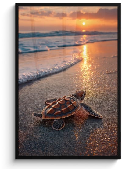 Poster in lijst - Fotolijst 80x120 cm - Posters - Schildpad - strand - Zonsondergang - Posterlijst zwart - Decoratie - Wanddecoratie woonkamer - Muurdecoratie slaapkamer