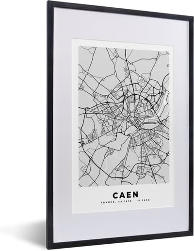 Fotolijst incl. Poster - Frankrijk - Plattegrond - Kaart - Caen - Stadskaart - 40x60 cm - Posterlijst