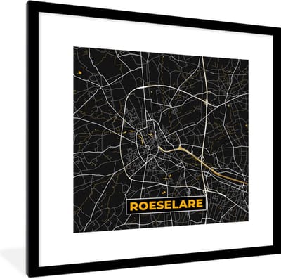 Fotolijst incl. Poster - Roeselare - Stadskaart - Plattegrond - Goud - Kaart - 40x40 cm - Posterlijst