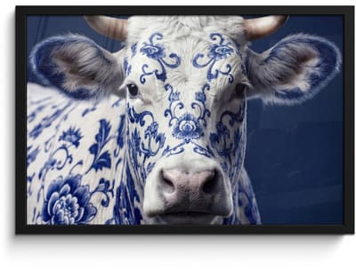 Poster in lijst - Fotolijst 60x40 cm - Posters - Koe - Delfts - Blauw - Artistiek - Posterlijst zwart - Decoratie - Wanddecoratie woonkamer - Muurdecoratie slaapkamer